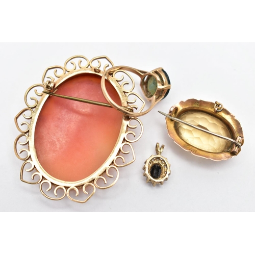 32 - FOUR YELLOW METAL ITEMS OF JEWELLERY, to include a 9ct gold shell cameo brooch depicting a lady in p... 