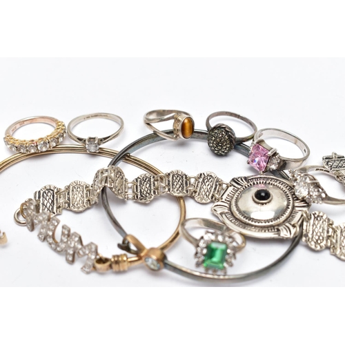 41 - AN ASSORTMENT OF SILVER AND WHITE METAL JEWELLERY, to include a silver and cubic zirconia cluster ri... 