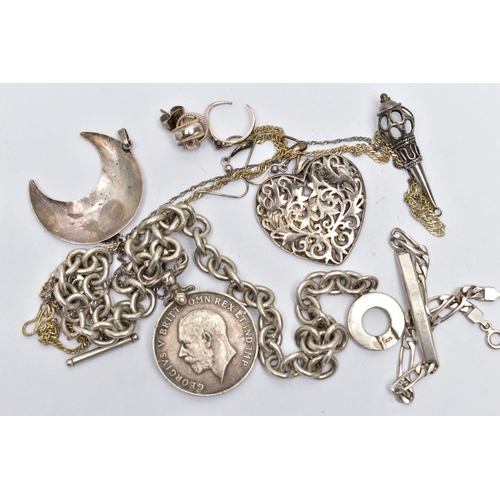 42 - AN ASSORTMENT OF SILVER AND WHITE METAL JEWELLERY, to include a silver figaro chain ID bracelet, hal... 