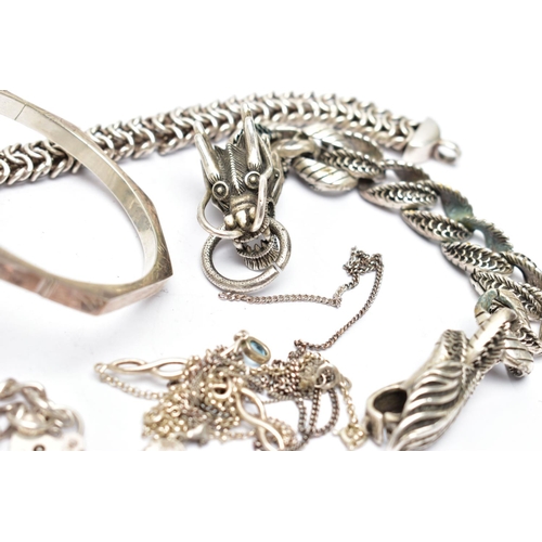 46 - AN ASSORTMENT OF SILVER AND WHITE METAL JEWELLERY, to include a silver fancy link bracelet, fitted w... 