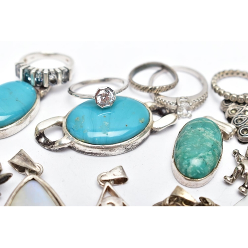 47 - AN ASSORTMENT OF WHITE METAL JEWELLERY, to include a selection of white metal rings, some stamped 92... 