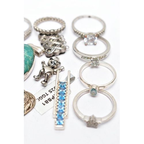 47 - AN ASSORTMENT OF WHITE METAL JEWELLERY, to include a selection of white metal rings, some stamped 92... 