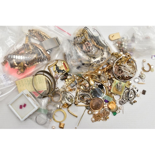 59 - A BAG OF ASSORTED ITEMS, to include assorted watch dials, a selection of rolled gold stretch link br... 