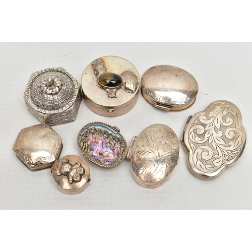 64 - AN ASSORTMENT OF SILVER AND WHITE METAL TRINKET BOXES, to include a silver abalone shell oval trinke... 