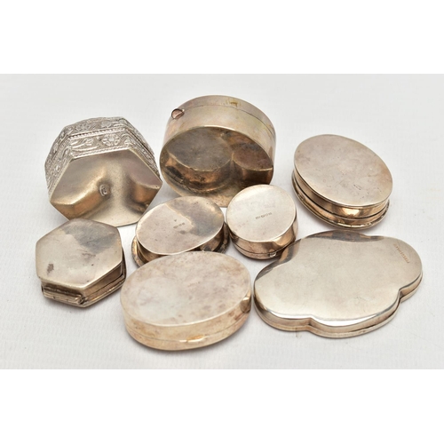 64 - AN ASSORTMENT OF SILVER AND WHITE METAL TRINKET BOXES, to include a silver abalone shell oval trinke... 