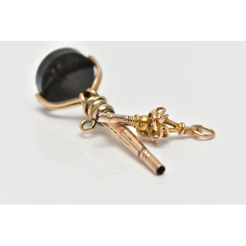 7 - TWO YELLOW METAL WATCH KEYS, the first designed as a circular bloodstone swivel panel, suspended fro... 