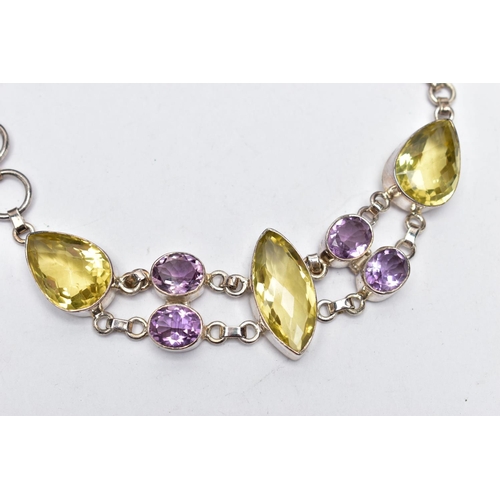 80 - A SILVER GREENISH YELLOW AND AMETHYST BRACELET, the bracelet, comprising variously cut greenish yell... 