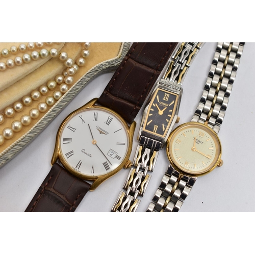 88 - THREE WRISTWATCHES AND COSTUME JEWELLERY, the first a quartz movement, round white dial, signed 'Lon... 