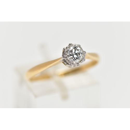 89 - A YELLOW METAL DIAMOND SINGLE STONE RING, the brilliant cut diamond, to the tapered shoulders and pl... 