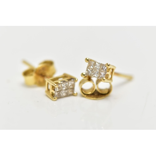 9 - A PAIR OF 18CT GOLD DIAMOND STUD EARRINGS, of rectangular outline, each stud earring pave set with s... 