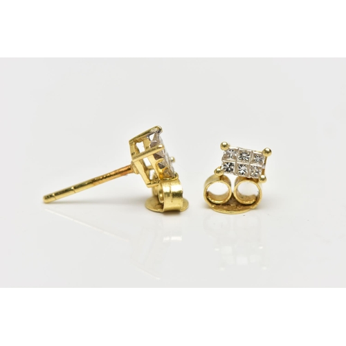 9 - A PAIR OF 18CT GOLD DIAMOND STUD EARRINGS, of rectangular outline, each stud earring pave set with s... 