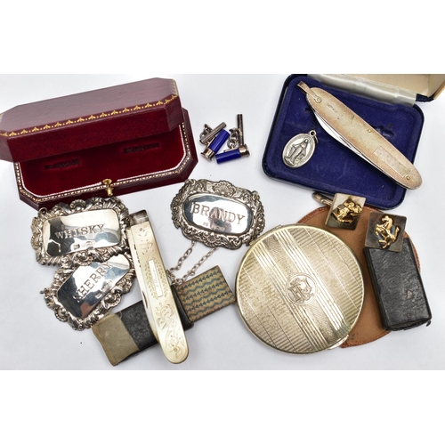 97 - AN ASSORTMENT OF SILVER ITEMS, to include three decanter labels, hallmarked 'Bishton's Ltd' Birmingh... 