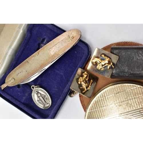 97 - AN ASSORTMENT OF SILVER ITEMS, to include three decanter labels, hallmarked 'Bishton's Ltd' Birmingh... 