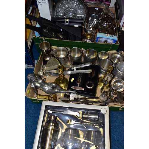 501 - TWO BOXES AND LOOSE METALWARES, to include a Walker & Hall plated tea set including a glass bodied b... 