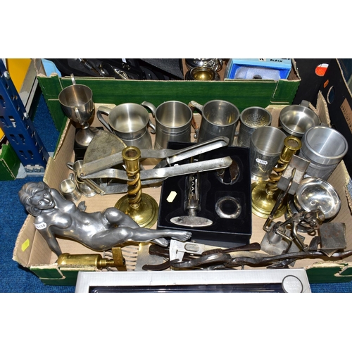 501 - TWO BOXES AND LOOSE METALWARES, to include a Walker & Hall plated tea set including a glass bodied b... 
