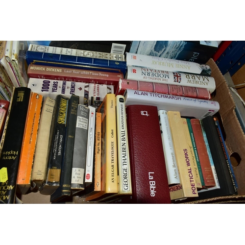 502 - BOOKS, six boxes containing approximately 140 miscellaneous titles in hardback and paperback format,... 