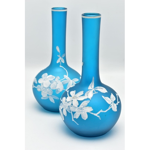 169 - A PAIR OF CONTEMPORARY CAMEO GLASS VASES, having globular body and long neck, turquoise glass ground... 