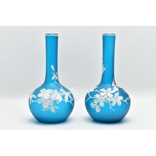 169 - A PAIR OF CONTEMPORARY CAMEO GLASS VASES, having globular body and long neck, turquoise glass ground... 