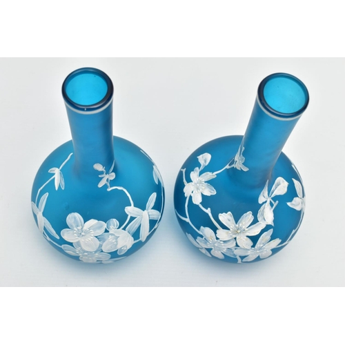 169 - A PAIR OF CONTEMPORARY CAMEO GLASS VASES, having globular body and long neck, turquoise glass ground... 