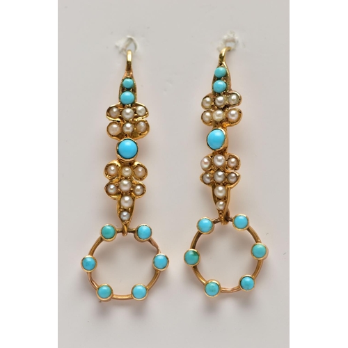 10 - AN EARLY 20TH CENTURY 9CT YELLOW GOLD AMETHYST AND SPLIT PEARL PENDANT, TOGETHER WITH A PAIR OF EARL... 