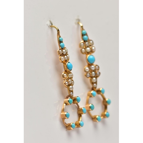 10 - AN EARLY 20TH CENTURY 9CT YELLOW GOLD AMETHYST AND SPLIT PEARL PENDANT, TOGETHER WITH A PAIR OF EARL... 