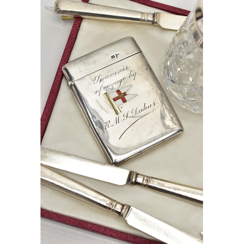 100 - A SMALL PARCEL OF 20TH CENTURY SILVER, comprising a George V Walker & Hall card case with enamel fla... 