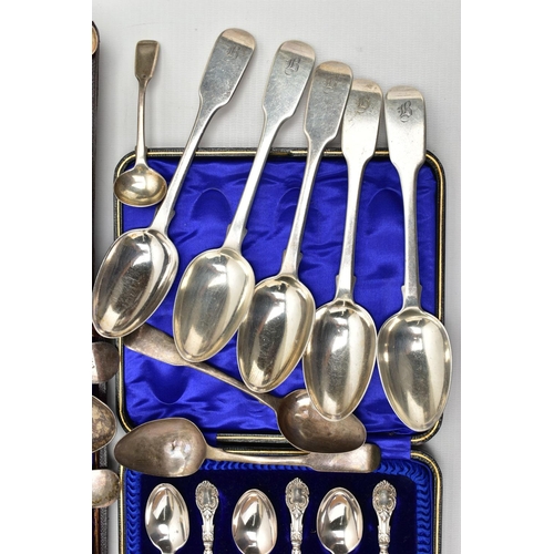 104 - A PARCEL OF 18TH, 19TH AND 20TH CENTURY SILVER FLATWARE, comprising a set of six Victorian Fiddle pa... 