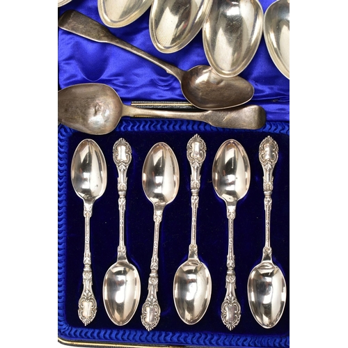 104 - A PARCEL OF 18TH, 19TH AND 20TH CENTURY SILVER FLATWARE, comprising a set of six Victorian Fiddle pa... 