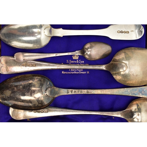 104 - A PARCEL OF 18TH, 19TH AND 20TH CENTURY SILVER FLATWARE, comprising a set of six Victorian Fiddle pa... 