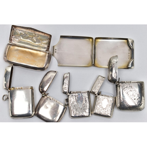 107 - FIVE EDWARDIAN AND GEORGE V SILVER VESTA CASES, A SILVER MATCHBOOK SLEEVE AND AN IMPORTED STERLING S... 