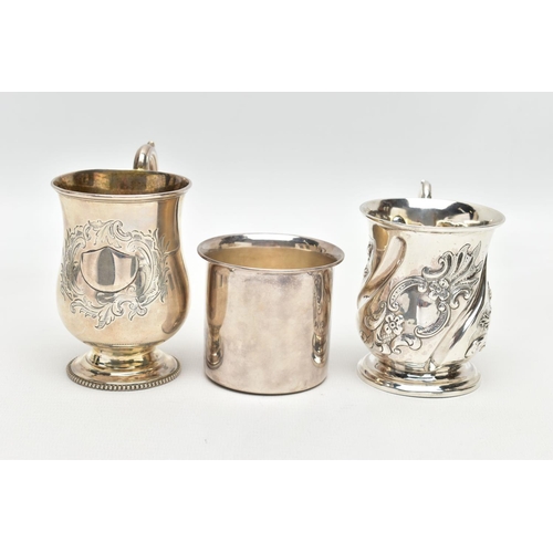 108 - TWO VICTORIAN SILVER CHRISTENING MUGS AND AN ELIZABETH II SILVER CHRISTENING MUG, comprising a repou... 