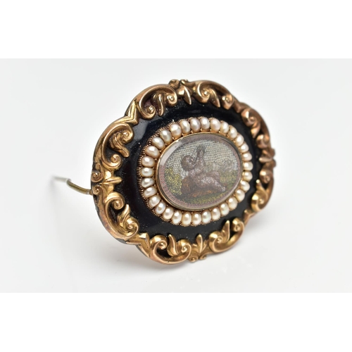 14 - A VICTORIAN YELLOW METAL MICRO MOSAIC MOURNING BROOCH, the central micro mosaic panel depicting a ch... 