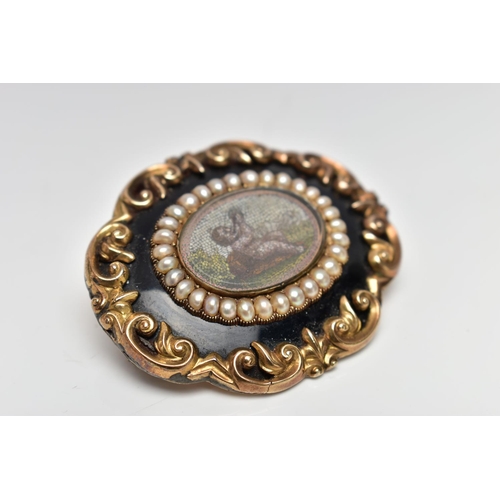 14 - A VICTORIAN YELLOW METAL MICRO MOSAIC MOURNING BROOCH, the central micro mosaic panel depicting a ch... 