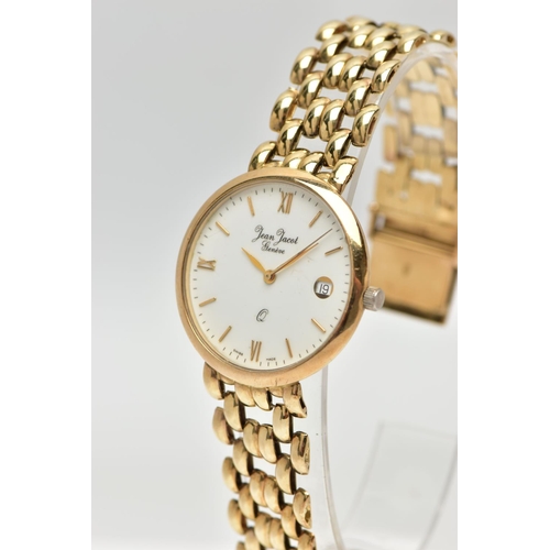 17 - A JEAN JACOT GENEVE YELLOW METAL QUARTZ WRISTWATCH, the white dial with gold tone hourly applied bat... 