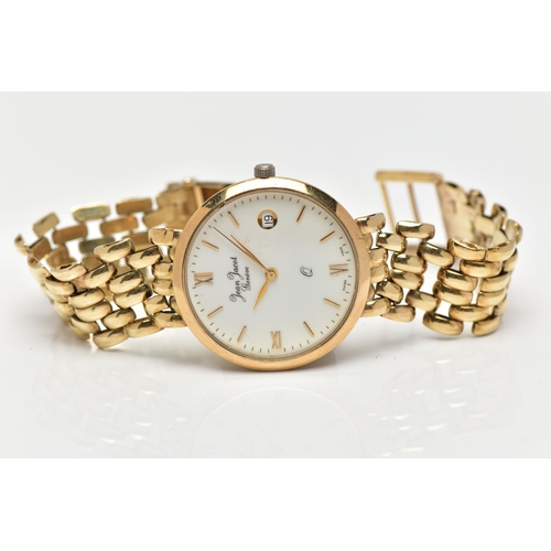 17 - A JEAN JACOT GENEVE YELLOW METAL QUARTZ WRISTWATCH, the white dial with gold tone hourly applied bat... 