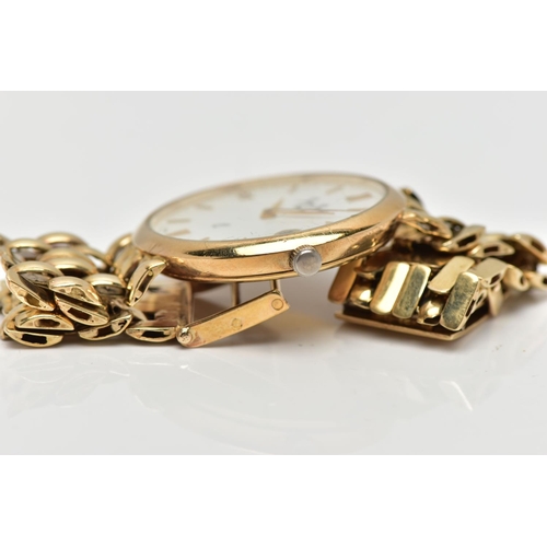 17 - A JEAN JACOT GENEVE YELLOW METAL QUARTZ WRISTWATCH, the white dial with gold tone hourly applied bat... 