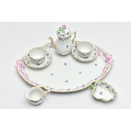 178 - A HEREND PORCELAIN CABARET SET HAND PAINTED WITH STYLISED CORNFLOWERS, the set comprises an oval tra... 