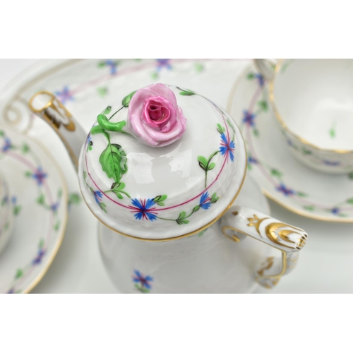 178 - A HEREND PORCELAIN CABARET SET HAND PAINTED WITH STYLISED CORNFLOWERS, the set comprises an oval tra... 