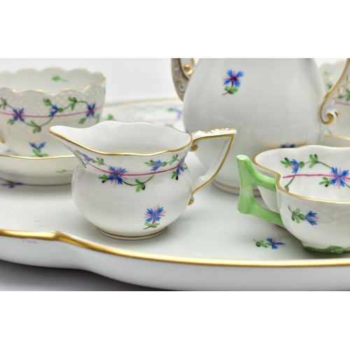 178 - A HEREND PORCELAIN CABARET SET HAND PAINTED WITH STYLISED CORNFLOWERS, the set comprises an oval tra... 