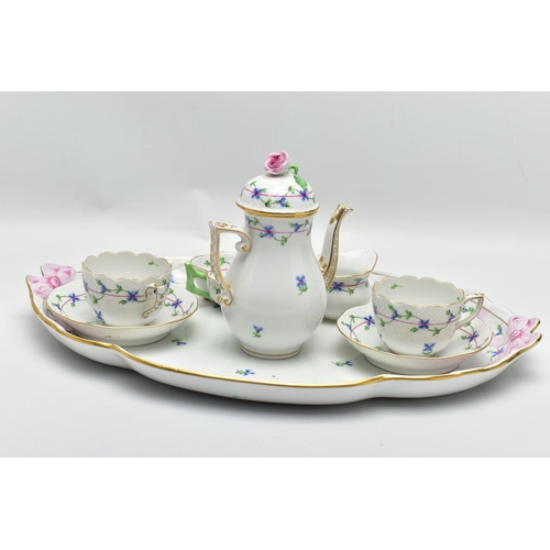 178 - A HEREND PORCELAIN CABARET SET HAND PAINTED WITH STYLISED CORNFLOWERS, the set comprises an oval tra... 