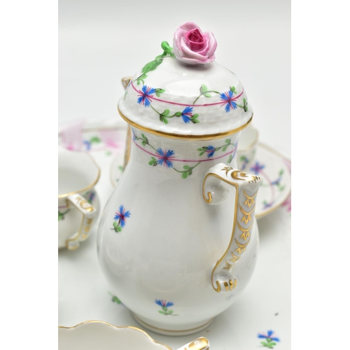 178 - A HEREND PORCELAIN CABARET SET HAND PAINTED WITH STYLISED CORNFLOWERS, the set comprises an oval tra... 