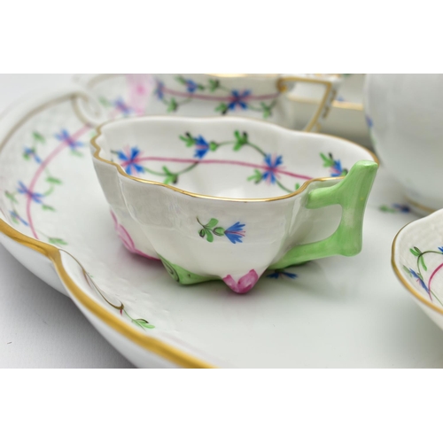 178 - A HEREND PORCELAIN CABARET SET HAND PAINTED WITH STYLISED CORNFLOWERS, the set comprises an oval tra... 