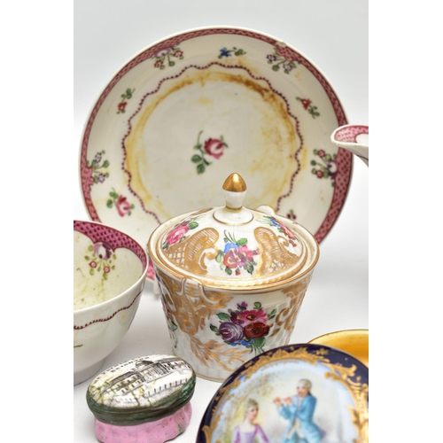 182 - A PARCEL OF LATE 18TH AND 19TH CENTURY CONTINENTAL AND ENGLISH PORCELAIN AND TWO OVAL ENAMEL PATCH B... 