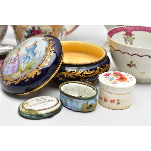 182 - A PARCEL OF LATE 18TH AND 19TH CENTURY CONTINENTAL AND ENGLISH PORCELAIN AND TWO OVAL ENAMEL PATCH B... 