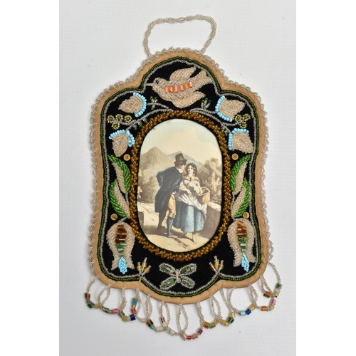 194 - TWO VICTORIAN BEADWORK HANGING FRAMES, each of wavy outline with an oval aperture, one with a dove a... 