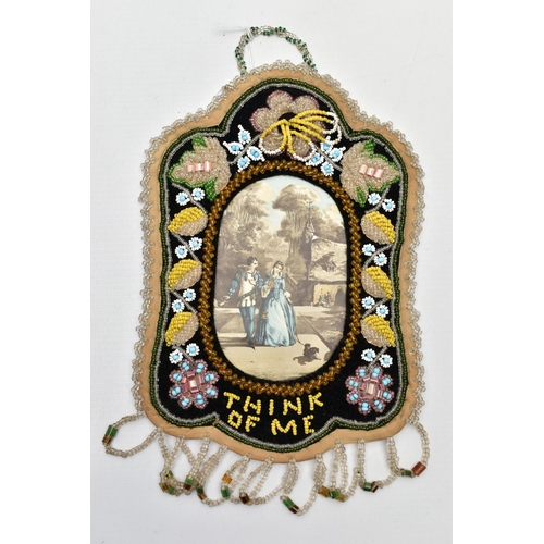 194 - TWO VICTORIAN BEADWORK HANGING FRAMES, each of wavy outline with an oval aperture, one with a dove a... 