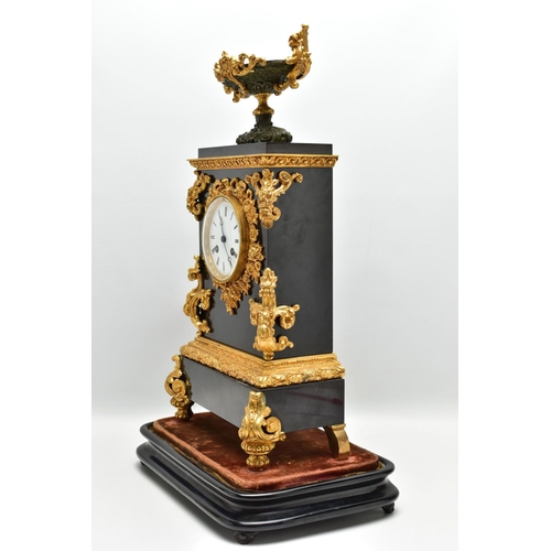 216 - A LATE 19TH CENTURY BLACK SLATE AND GILT METAL CHARLES FRODSHAM OF PARIS MANTEL CLOCK UNDER A GLASS ... 