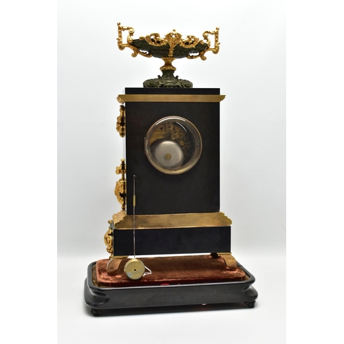 216 - A LATE 19TH CENTURY BLACK SLATE AND GILT METAL CHARLES FRODSHAM OF PARIS MANTEL CLOCK UNDER A GLASS ... 