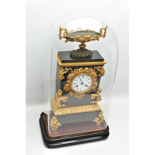 216 - A LATE 19TH CENTURY BLACK SLATE AND GILT METAL CHARLES FRODSHAM OF PARIS MANTEL CLOCK UNDER A GLASS ... 