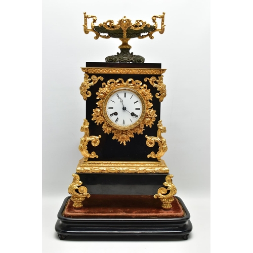 216 - A LATE 19TH CENTURY BLACK SLATE AND GILT METAL CHARLES FRODSHAM OF PARIS MANTEL CLOCK UNDER A GLASS ... 